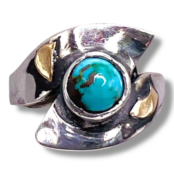 Persian Turquoise Ring 925 Silver 14k Gold Accent, sz 5.25