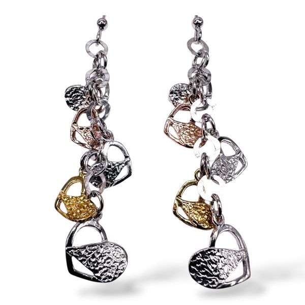 Sterling Silver Tricolor Multi Hearts Dangle Earrings - Image 8