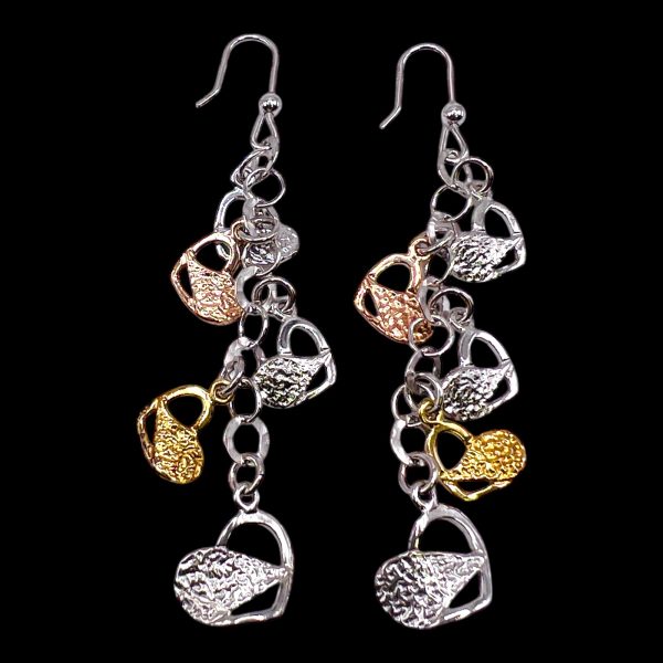 Sterling Silver Tricolor Multi Hearts Dangle Earrings - Image 2