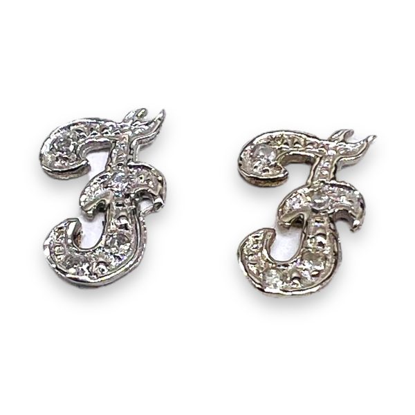 14k White Gold Diamond Earrings Letter "F" Initial