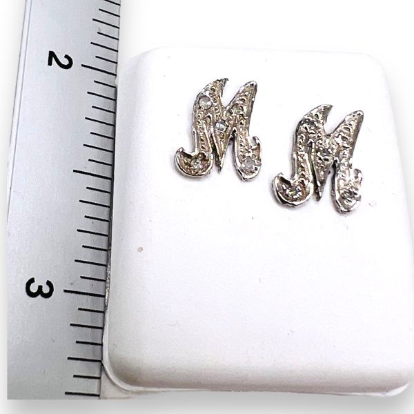 14k White Gold Letter 'M' Stud Earrings Pave Diamond Initial - Image 6