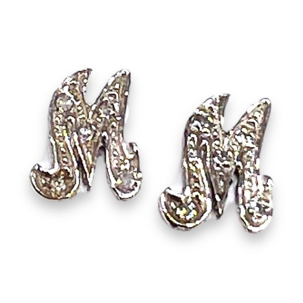 14k White Gold Letter 'M' Stud Earrings Pave Diamond Initial