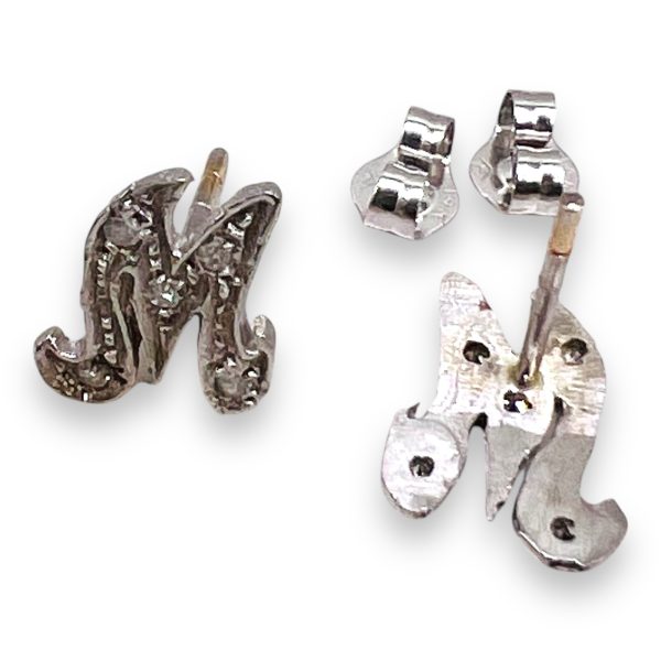 14k White Gold Letter 'M' Stud Earrings Pave Diamond Initial - Image 3