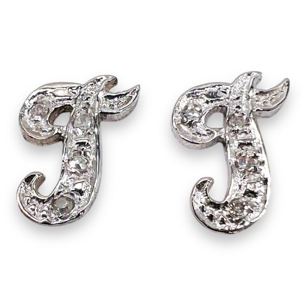 Diamond Initial 'T' Earrings 14k White Gold Letter