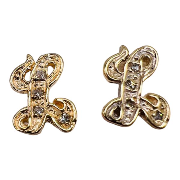 Diamond Earrings with 'L' Initial 10k Yellow Gold Letters - Image 2