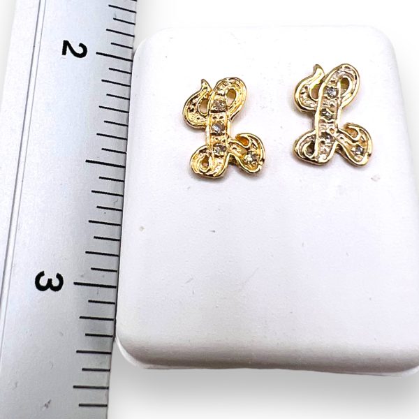 Diamond Earrings with 'L' Initial 10k Yellow Gold Letters - Image 3