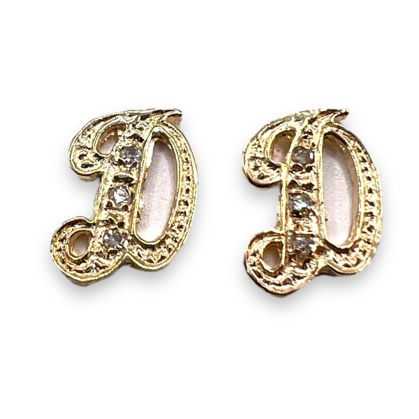 14k Yellow Gold Diamond Initial "D" Letter Earrings