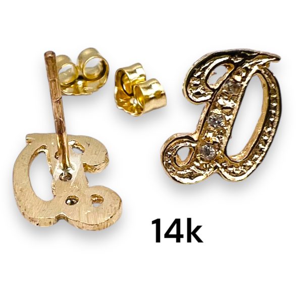 14k Yellow Gold Diamond Initial "D" Letter Earrings - Image 2