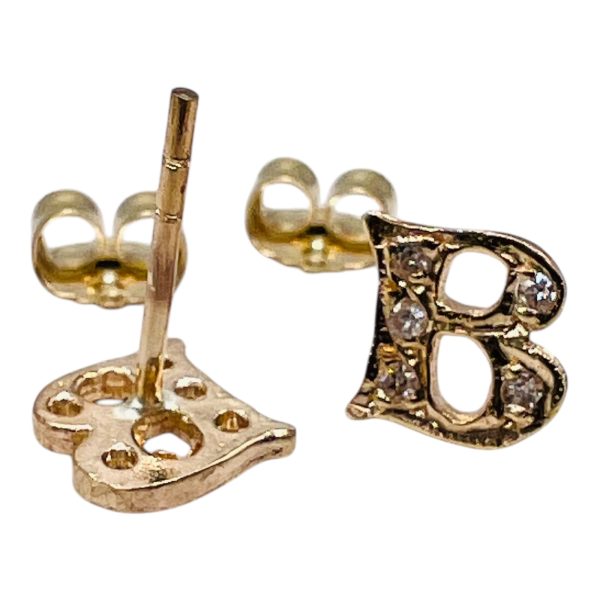 Diamond Initial "B" Letter Earrings 14k Yellow Gold - Image 2