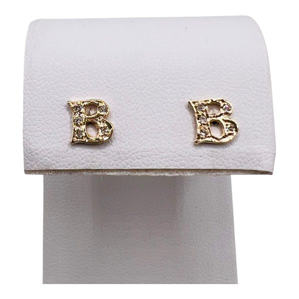 Diamond Initial "B" Letter Earrings 14k Yellow Gold - Image 6