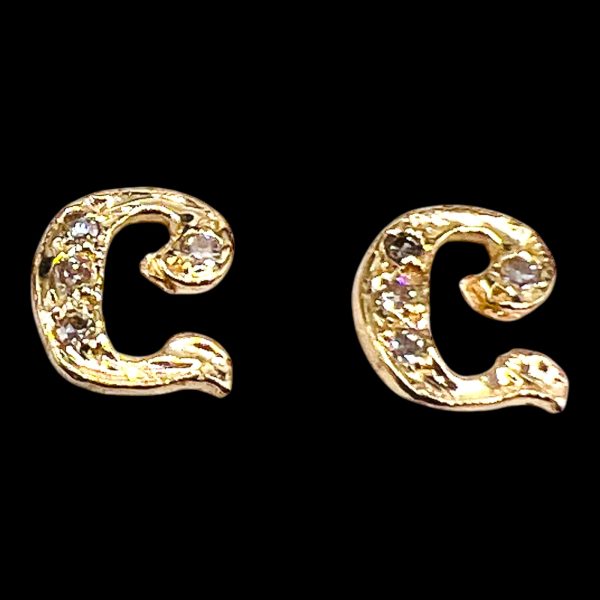 14k Yellow Gold Letter "C" Earrings Diamond Initials - Image 2