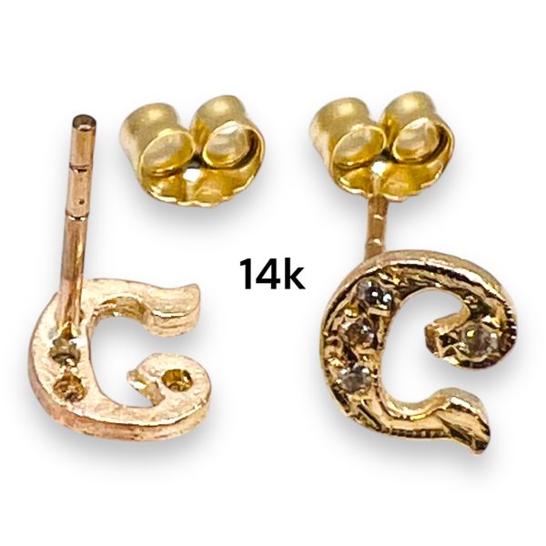 14k Yellow Gold Letter "C" Earrings Diamond Initials - Image 3