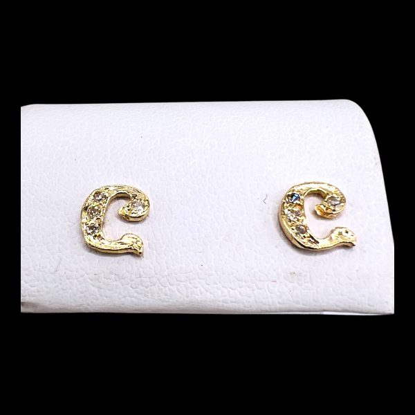 14k Yellow Gold Letter "C" Earrings Diamond Initials - Image 7